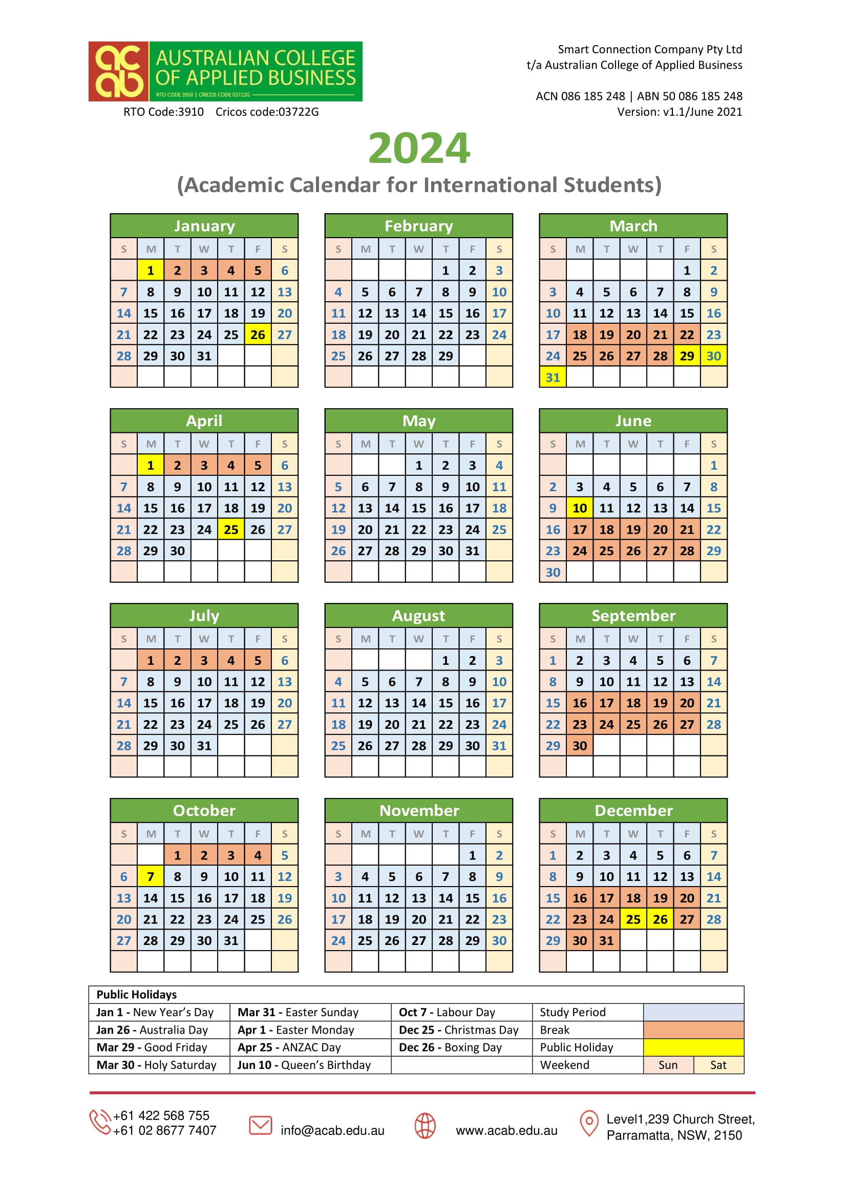 Academic Calendar | Australian College of Applied Business